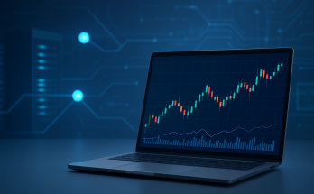 Close-up of a laptop displaying a candlestick chart against a blue background with digital elements.