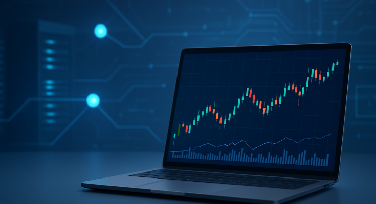 Close-up of a laptop displaying a candlestick chart against a blue background with digital elements.