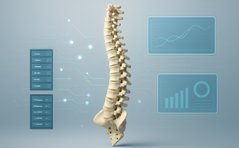 3D model of a human spine in a tech-themed background with digital data representations.
