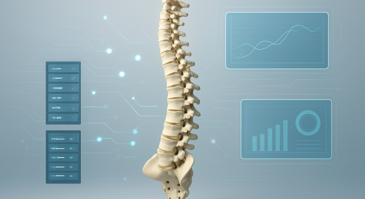 3D model of a human spine in a tech-themed background with digital data representations.